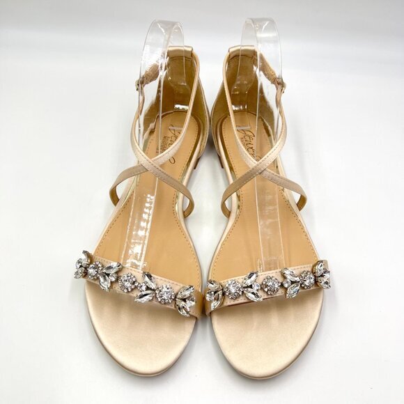 Jewel Badgley Mischka Size 8.5 Tessy Champagne‎ Satin Flats Dress Sandals Shoes - Picture 2 of 11